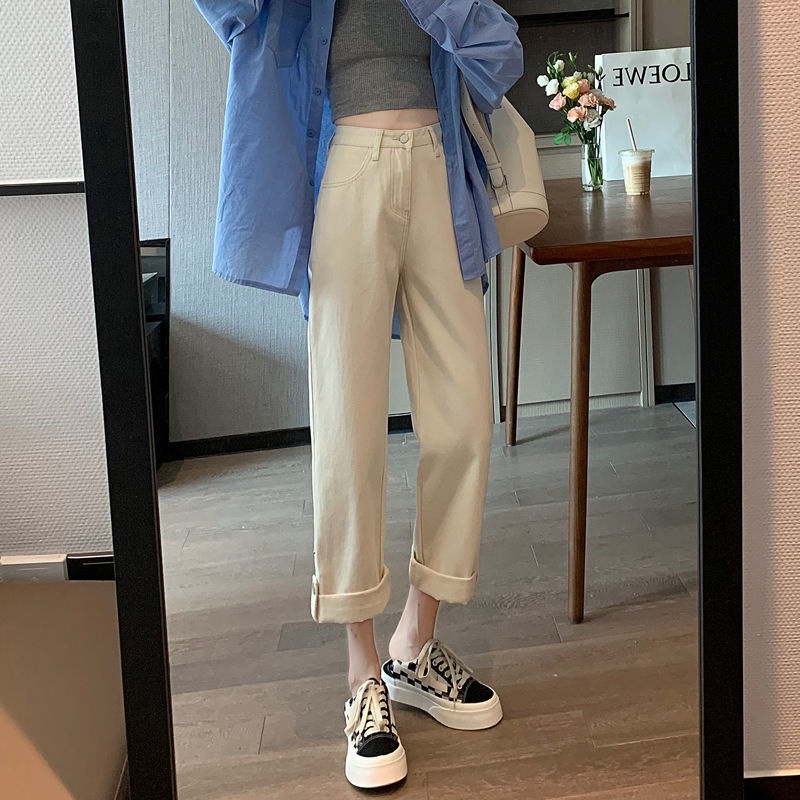 Jiashucheng Quần Jean Dài Tới Mắt Cá Chân Dáng Rộng Lưng Cao Phong Cách Xuân Thu 2023 Mới Cho Nữ