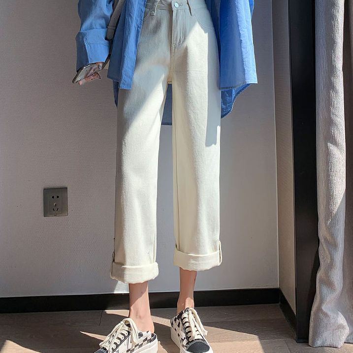 Jiashucheng Quần Jean Dài Tới Mắt Cá Chân Dáng Rộng Lưng Cao Phong Cách Xuân Thu 2023 Mới Cho Nữ