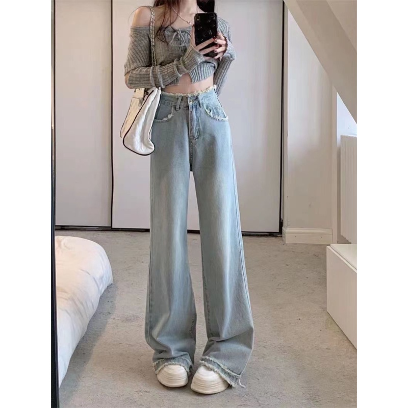 Jiashucheng Quần Jean Nữ Lưng Cao Dáng Rộng Màu Trắng Thời Trang Xuân Hè Dễ Phối Đồ