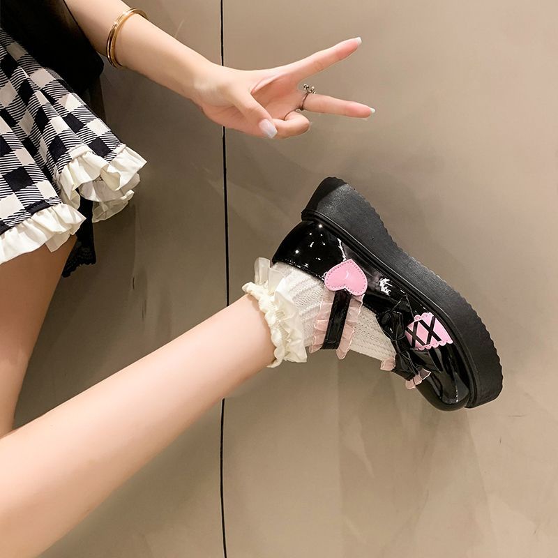 Chính Hãng Giày Mary Jane Đế Dày Đính Nơ Trái Tim Màu Hồng Dễ Thương Dễ Phối Đồ Cho Nữ