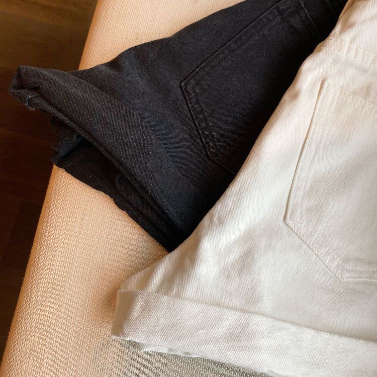 Jiashucheng Quần Short Denim Lưng Cao Co Giãn Dáng Rộng Màu Trắng Đen Thời Trang Mùa Hè Cho Nữ