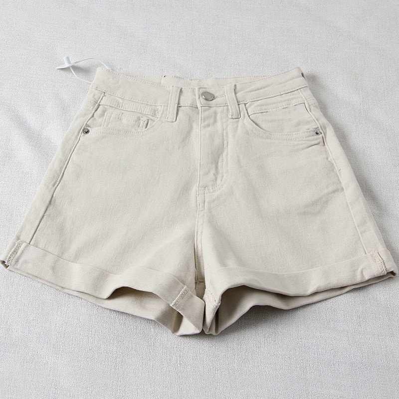 Jiashucheng Quần Short Denim Màu Be Eo Cao Dáng Chữ a Rộng Phong Cách Mới Mùa Hè Cho Nữ