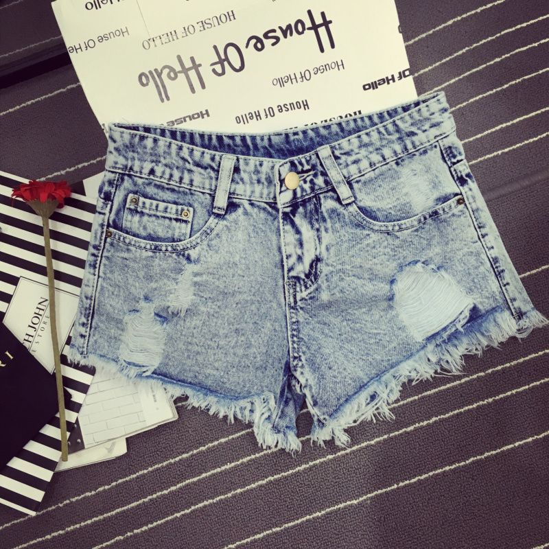 Jiashucheng Quần Short Denim Rách Dáng Chữ A Lưng Thấp Họa Tiết Bông Tuyết Sờn Mùa Hè Hàn Quốc Cho Nữ Sinh