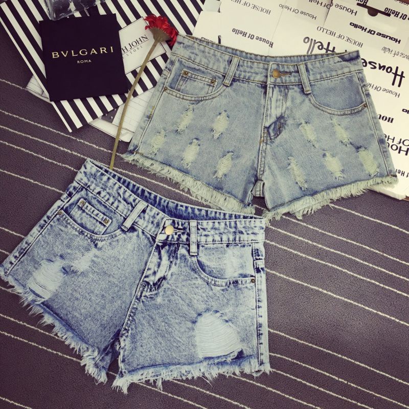 Jiashucheng Quần Short Denim Rách Dáng Chữ A Lưng Thấp Họa Tiết Bông Tuyết Sờn Mùa Hè Hàn Quốc Cho Nữ Sinh