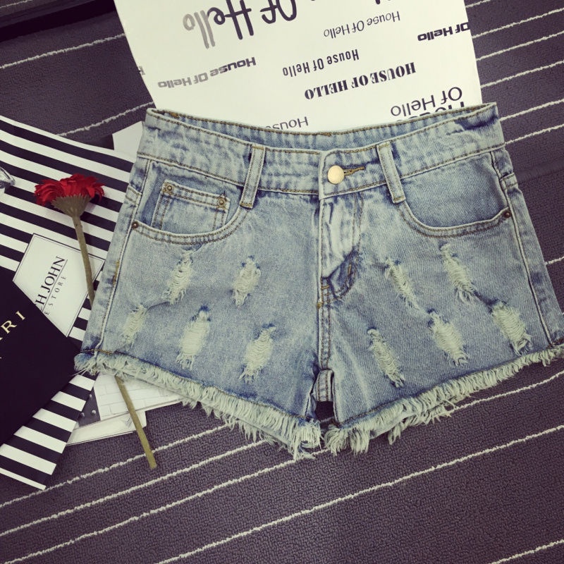 Jiashucheng Quần Short Denim Rách Dáng Chữ A Lưng Thấp Họa Tiết Bông Tuyết Sờn Mùa Hè Hàn Quốc Cho Nữ Sinh