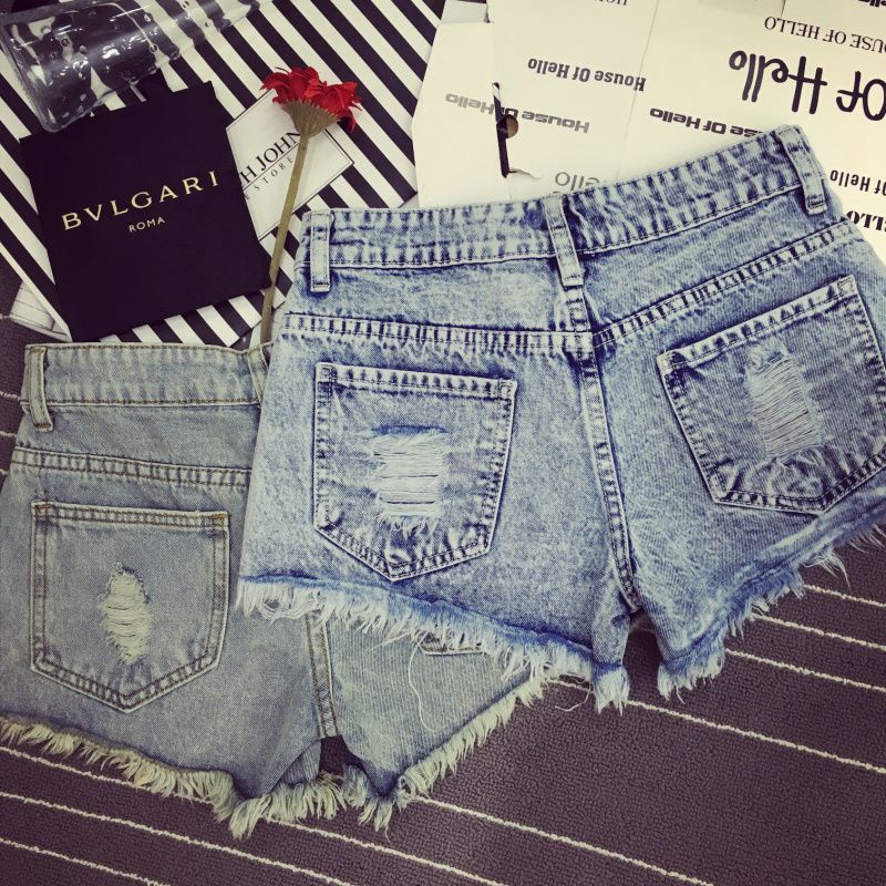 Jiashucheng Quần Short Denim Rách Dáng Chữ A Lưng Thấp Họa Tiết Bông Tuyết Sờn Mùa Hè Hàn Quốc Cho Nữ Sinh