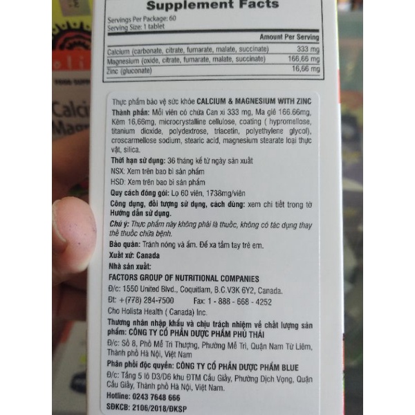 Calcium magnesium with zinc  hộp 60 viên. Giúp xương và răng chắc khỏe,ngừa loãng xương