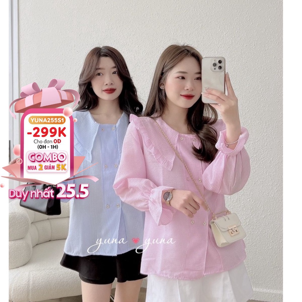 Áo sơ mi nữ MAIKA cổ bèo tay bo chất đũi kẻ xốp kiểu dáng Vintage phong cách Hàn Quốc, thời trang nữ YUNA