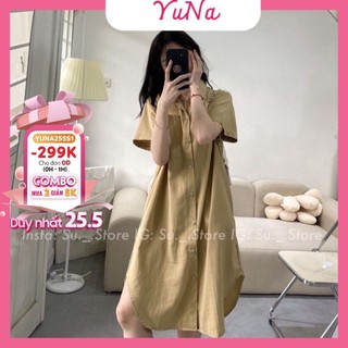 Váy sơ mi YUNA dáng dài tay ngắn cổ đức phối túi ngực vạt bầu dáng suông chất liệu đũi xước mềm mịn thoáng mát