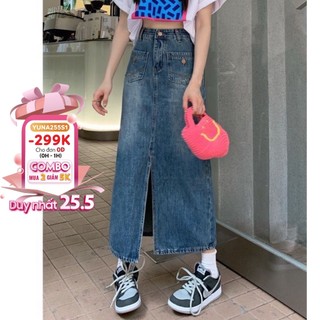 Chân váy jeans dài cạp cao xẻ giữa hai túi trước phong cách ulzzang thiết kế trẻ trung siêu hot_CV003