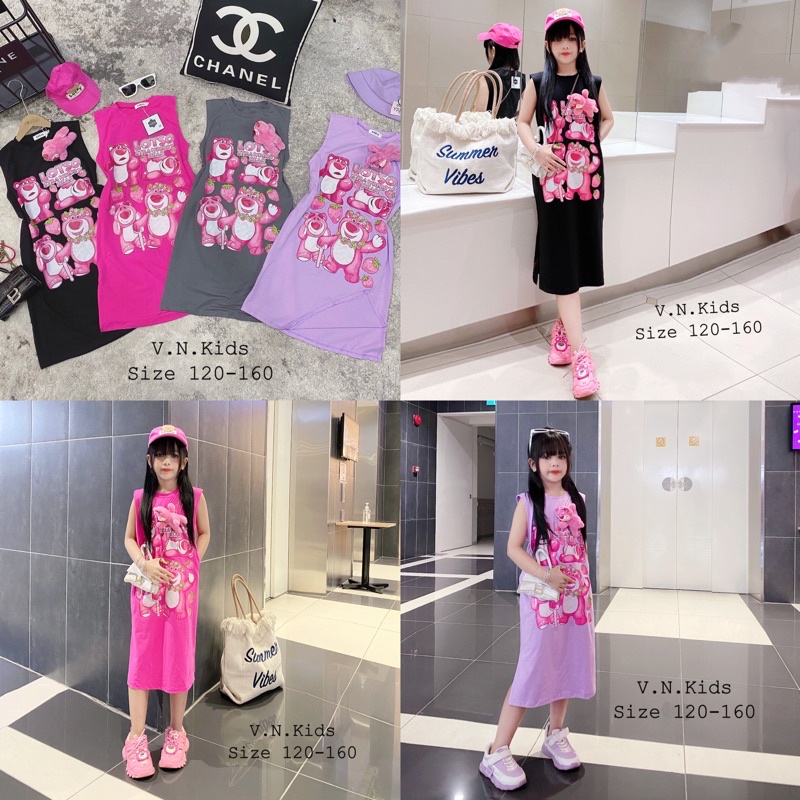 Váy xuông Gấu dâu cho Bé size đại 18kg - 45kg