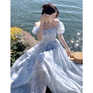 Đầm MIDI voan hoa cổ vuông mocking lưng phong cách retro