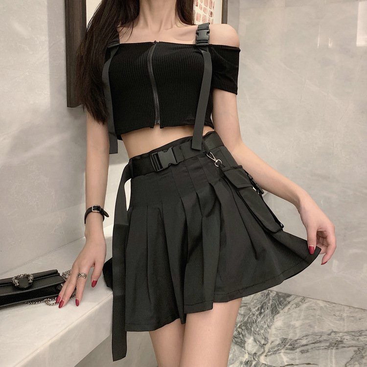 Xu hướng đường phố có thể tháo rời túi chức năng a chữ váy ô váy đen sinh viên cao eo hiển thị gầy váy xếp li nữ