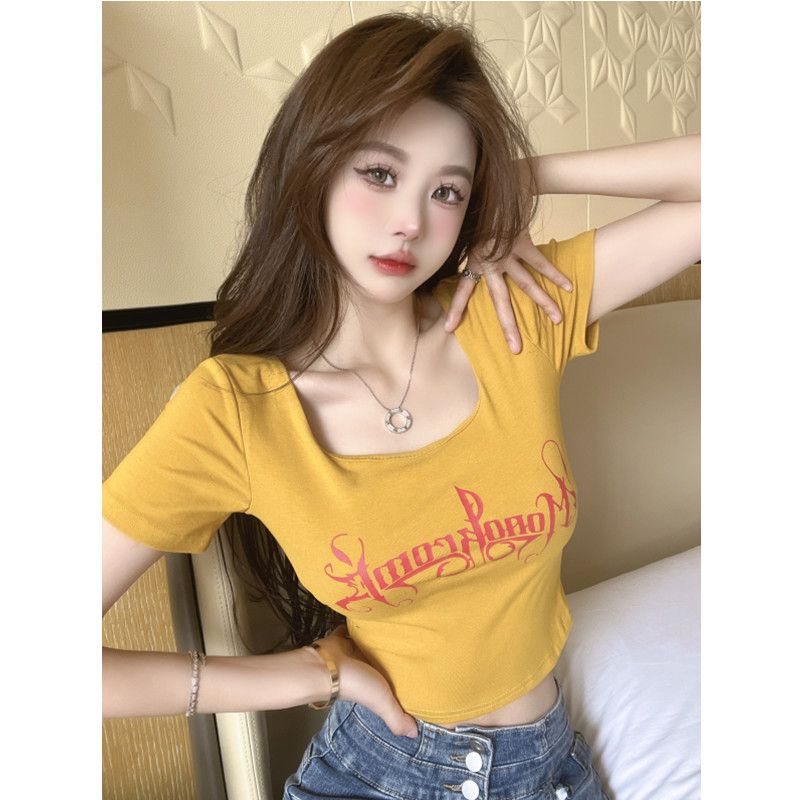 Jiashucheng Áo Thun Ngắn Tay Cổ Vuông Hở Rốn Thiết Kế Phong Cách Mới Mùa Hè 2023 Cho Nữ