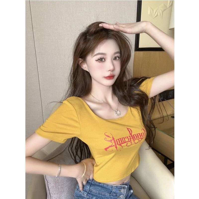 Jiashucheng Áo Thun Ngắn Tay Cổ Vuông Hở Rốn Thiết Kế Phong Cách Mới Mùa Hè 2023 Cho Nữ