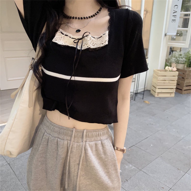 Jiashucheng Áo Sweater Mỏng Tay Ngắn Cổ Vuông Phối Ren Màu Trơn Ngọt Ngào Cho Nữ