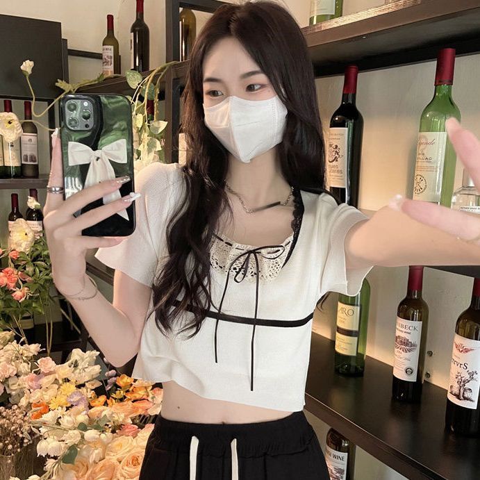 Jiashucheng Áo Sweater Mỏng Tay Ngắn Cổ Vuông Phối Ren Màu Trơn Ngọt Ngào Cho Nữ