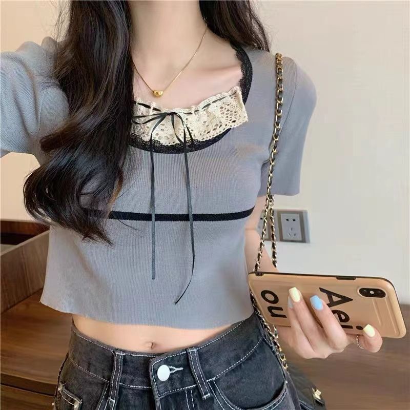 Jiashucheng Áo Sweater Mỏng Tay Ngắn Cổ Vuông Phối Ren Màu Trơn Ngọt Ngào Cho Nữ