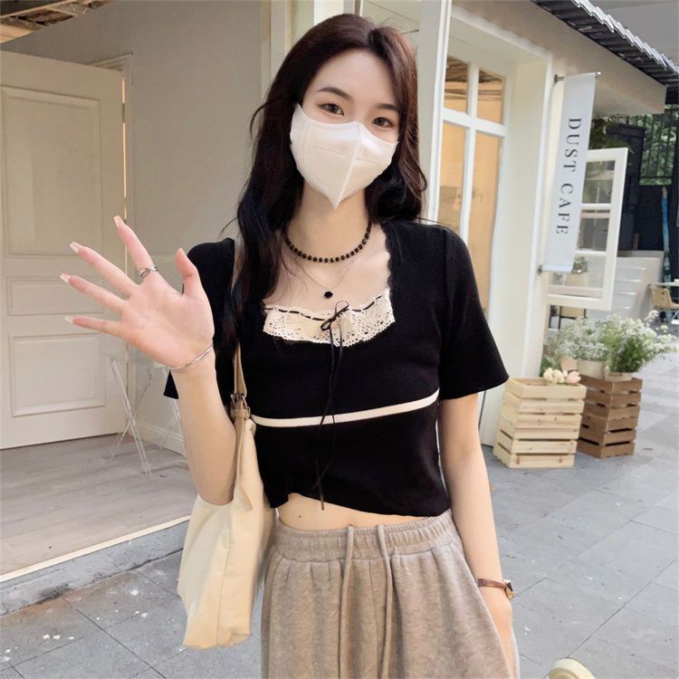 Jiashucheng Áo Sweater Mỏng Tay Ngắn Cổ Vuông Phối Ren Màu Trơn Ngọt Ngào Cho Nữ