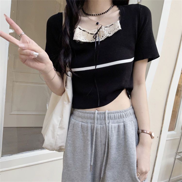 Jiashucheng Áo Sweater Mỏng Tay Ngắn Cổ Vuông Phối Ren Màu Trơn Ngọt Ngào Cho Nữ