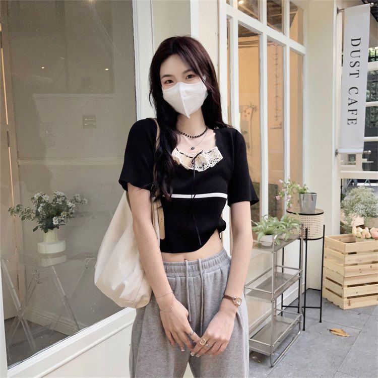 Jiashucheng Áo Sweater Mỏng Tay Ngắn Cổ Vuông Phối Ren Màu Trơn Ngọt Ngào Cho Nữ