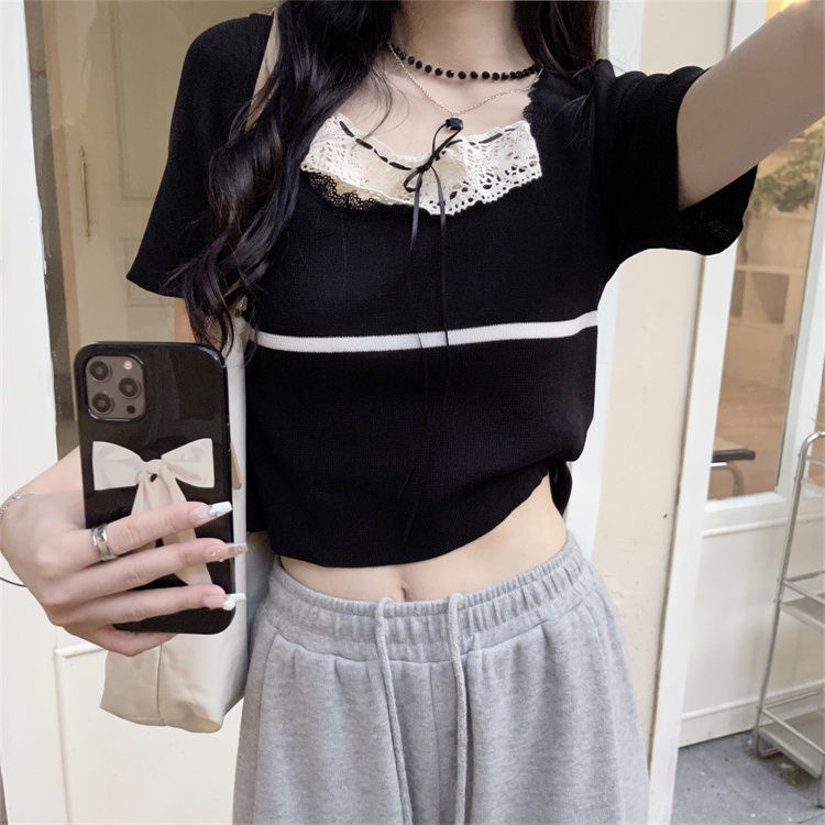 Jiashucheng Áo Sweater Mỏng Tay Ngắn Cổ Vuông Phối Ren Màu Trơn Ngọt Ngào Cho Nữ