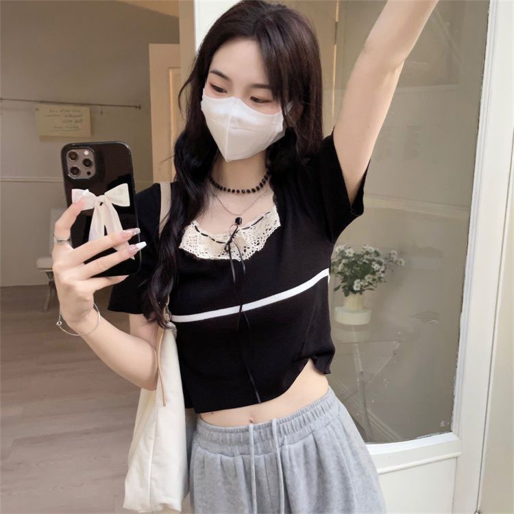 Jiashucheng Áo Sweater Mỏng Tay Ngắn Cổ Vuông Phối Ren Màu Trơn Ngọt Ngào Cho Nữ