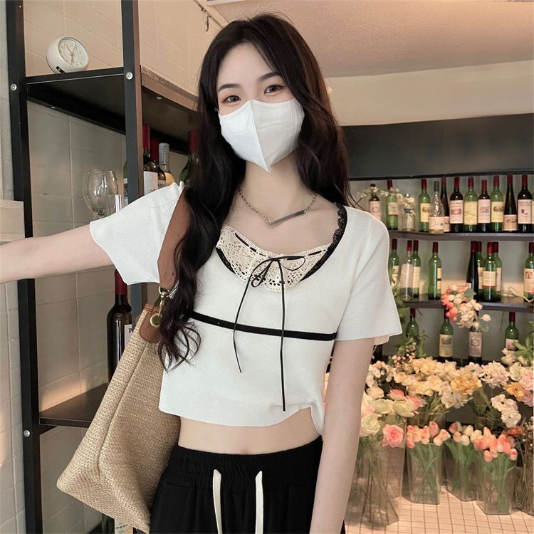 Jiashucheng Áo Sweater Mỏng Tay Ngắn Cổ Vuông Phối Ren Màu Trơn Ngọt Ngào Cho Nữ