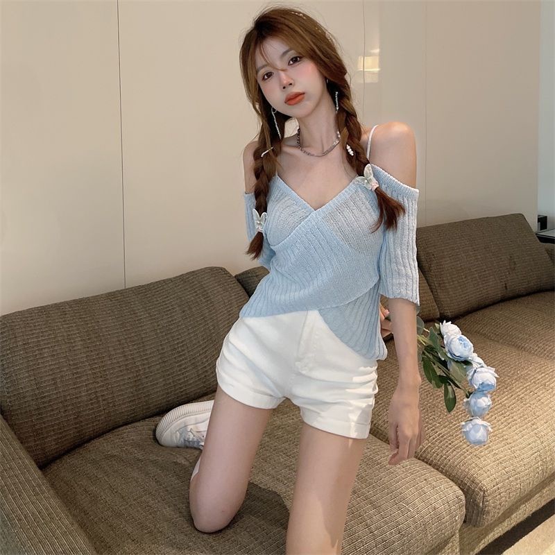 Jiashucheng Áo Thun Nữ Ngắn Tay Cổ Chữ v Vạt Không Đều Phong Cách Mới