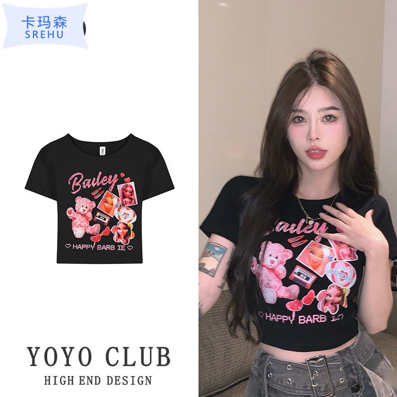 Jiashucheng Áo Thun Dáng Ngắn Hở Rốn Ôm Sát Hở Vai Màu Đen Ngọt Ngào Thời Trang Mùa Hè Dành Cho Bạn Nữ