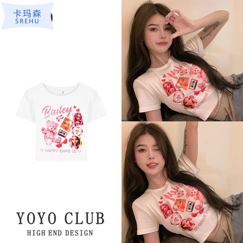 Jiashucheng Áo Thun Dáng Ngắn Hở Rốn Ôm Sát Hở Vai Màu Đen Ngọt Ngào Thời Trang Mùa Hè Dành Cho Bạn Nữ