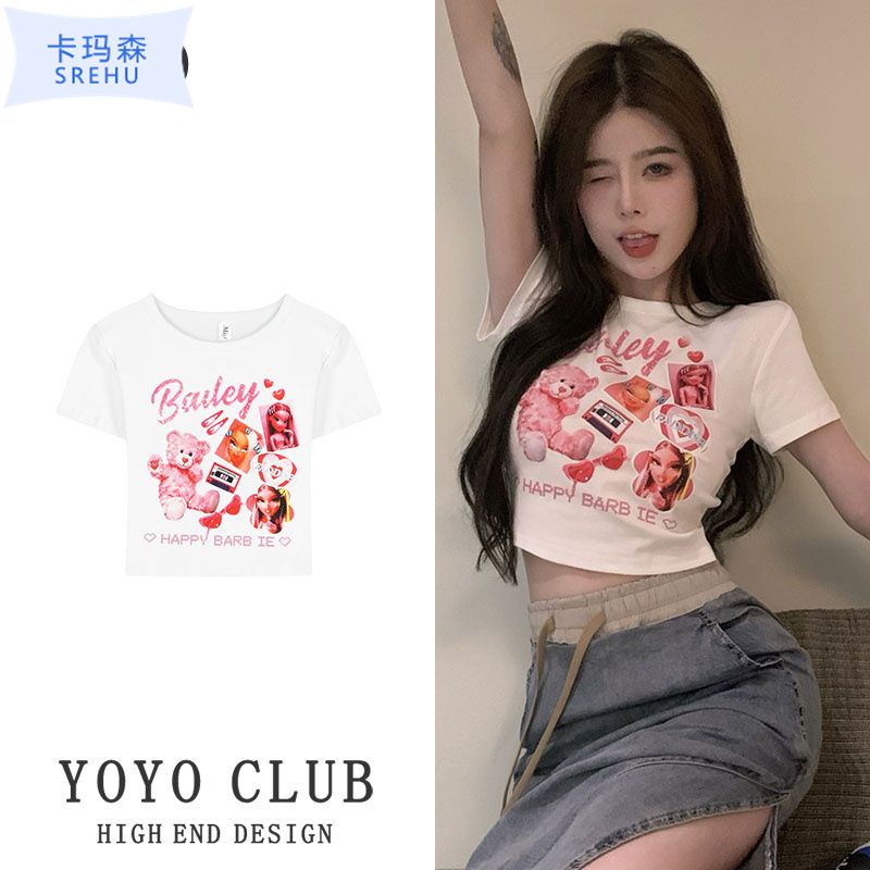 Jiashucheng Áo Thun Dáng Ngắn Hở Rốn Ôm Sát Hở Vai Màu Đen Ngọt Ngào Thời Trang Mùa Hè Dành Cho Bạn Nữ