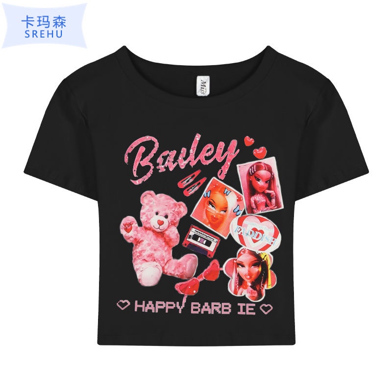 Jiashucheng Áo Thun Dáng Ngắn Hở Rốn Ôm Sát Hở Vai Màu Đen Ngọt Ngào Thời Trang Mùa Hè Dành Cho Bạn Nữ