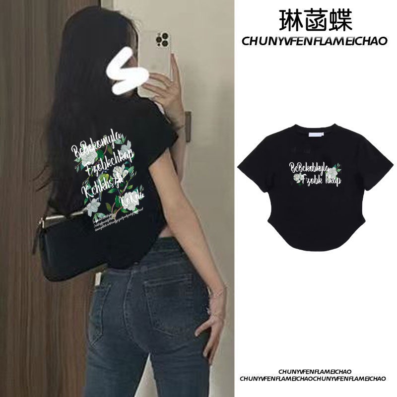 Jiashucheng Áo Thun Nữ Ngắn Tay Hở Vai Họa Tiết Hoa Hồng Thời Trang