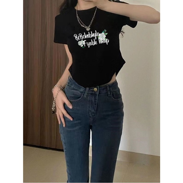 Jiashucheng Áo Thun Nữ Ngắn Tay Hở Vai Họa Tiết Hoa Hồng Thời Trang