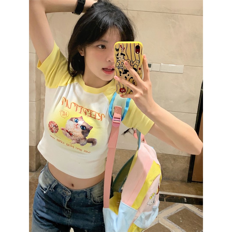 Jiashucheng Áo Thun Ngắn Tay Dáng Ôm Thời Trang Mùa Hè Phong Cách Retro Mỹ Dành Cho Nữ