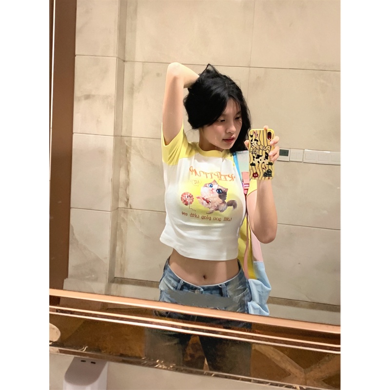 Jiashucheng Áo Thun Ngắn Tay Dáng Ôm Thời Trang Mùa Hè Phong Cách Retro Mỹ Dành Cho Nữ