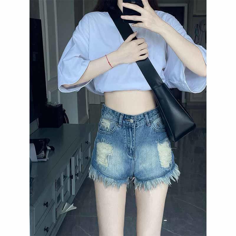 Quần Short Denim Lưng Cao Dáng Chữ a Phối Tua Rua Thời Trang Mùa Hè Cho Nữ