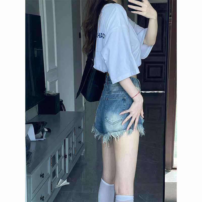 Quần Short Denim Lưng Cao Dáng Chữ a Phối Tua Rua Thời Trang Mùa Hè Cho Nữ