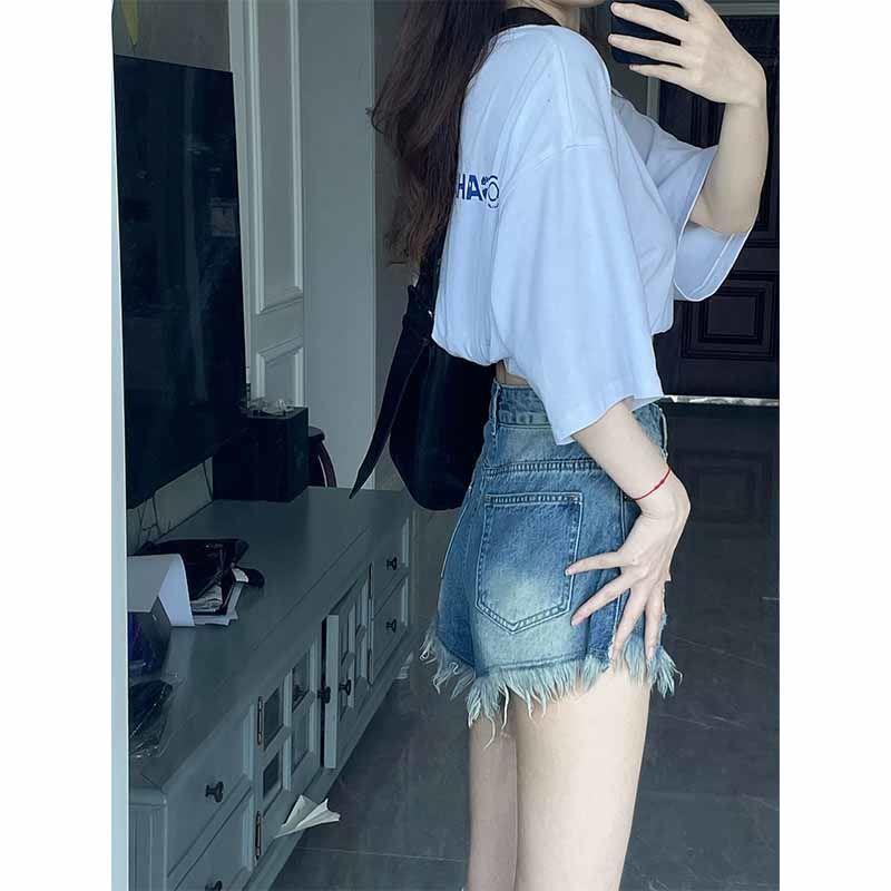 Quần Short Denim Lưng Cao Dáng Chữ a Phối Tua Rua Thời Trang Mùa Hè Cho Nữ