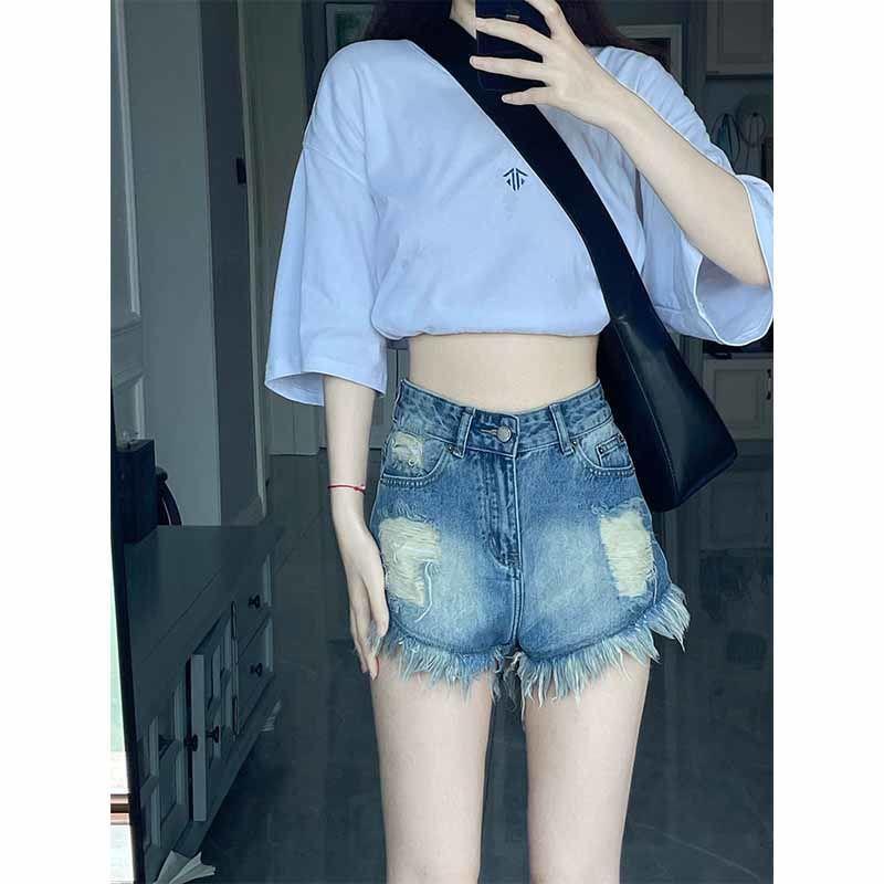 Quần Short Denim Lưng Cao Dáng Chữ a Phối Tua Rua Thời Trang Mùa Hè Cho Nữ