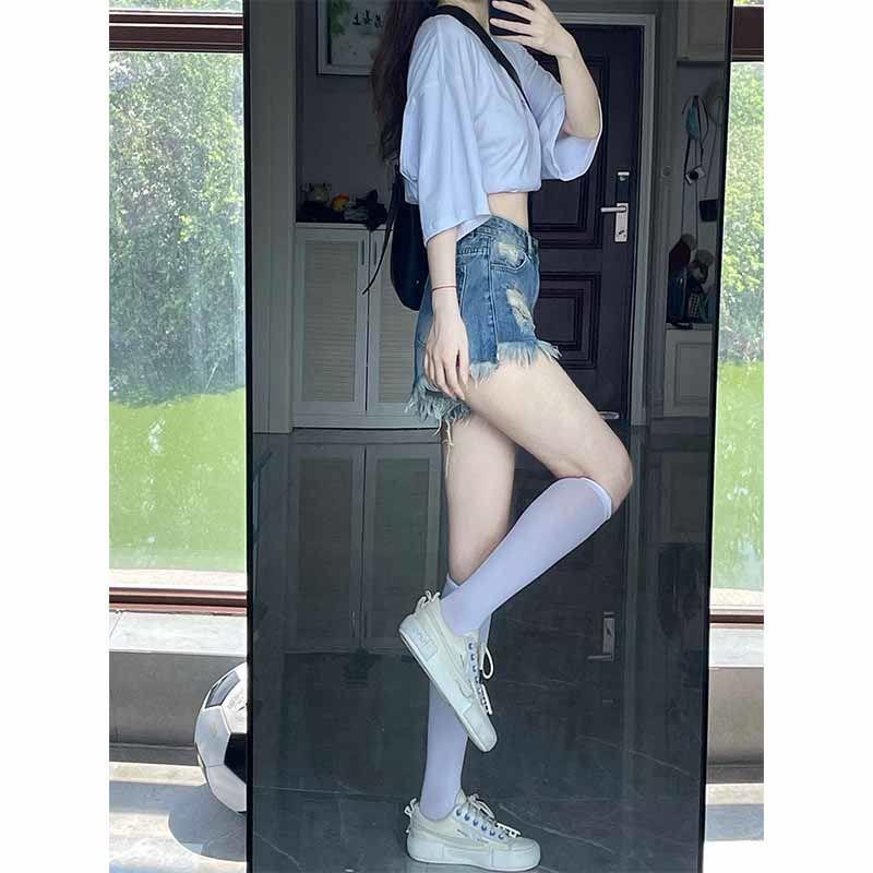 Quần Short Denim Lưng Cao Dáng Chữ a Phối Tua Rua Thời Trang Mùa Hè Cho Nữ