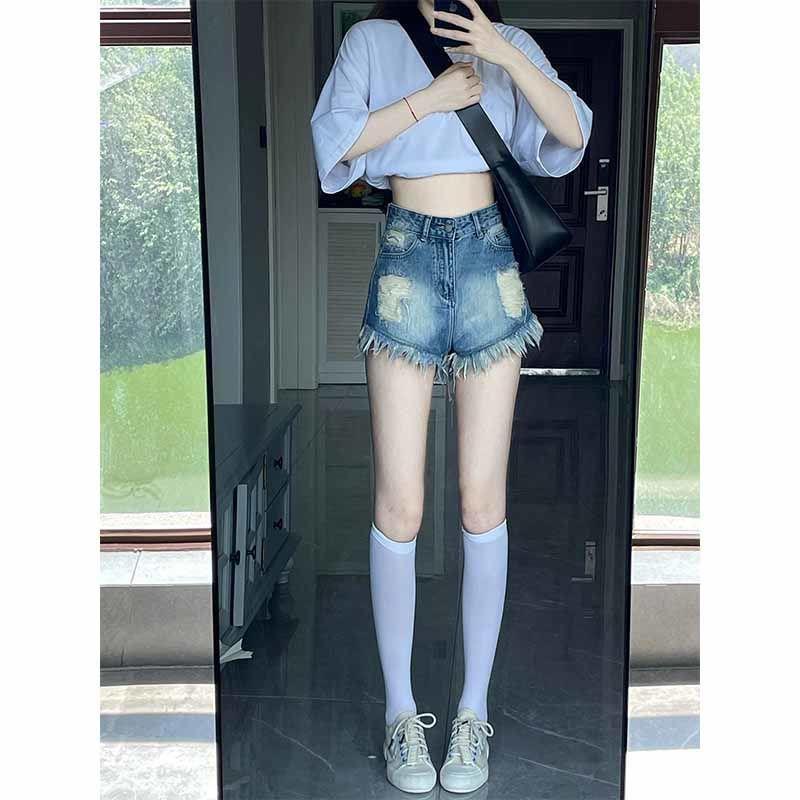 Quần Short Denim Lưng Cao Dáng Chữ a Phối Tua Rua Thời Trang Mùa Hè Cho Nữ