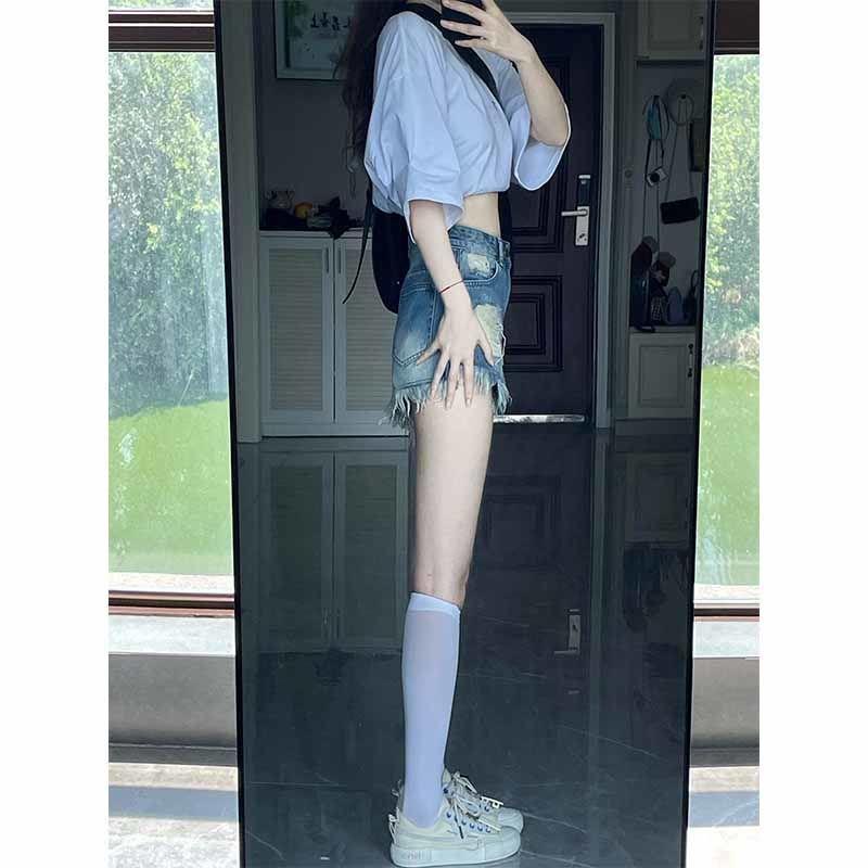 Quần Short Denim Lưng Cao Dáng Chữ a Phối Tua Rua Thời Trang Mùa Hè Cho Nữ