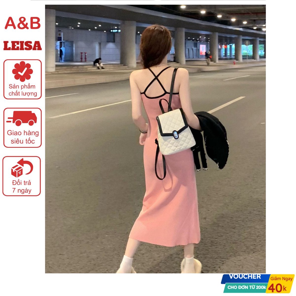 Đầm Body Hai Dây Leisa Hở Lưng Màu Hồng, Váy Hai Dây Đan Chéo Phong Cách Hàn Quốc Nhẹ Nhàng