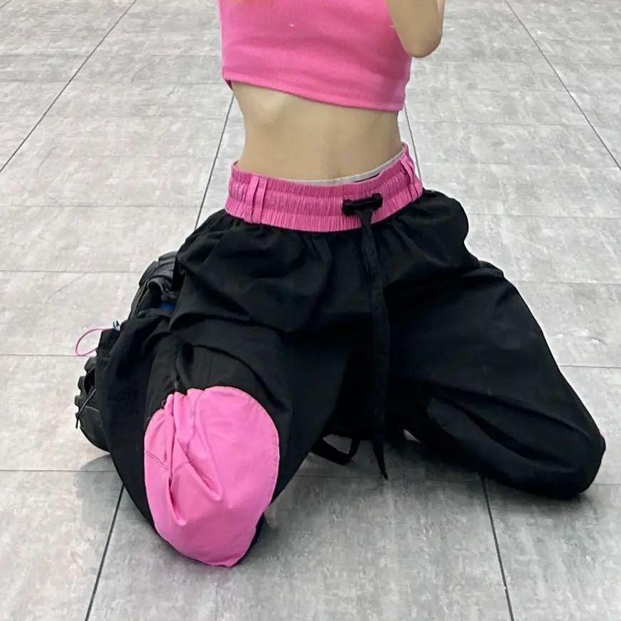 Quần Dài Ống Rộng Lưng Cao Dây Rút Màu Đen Hồng Phong Cách Hip Hop Đường Phố Cá Tính
