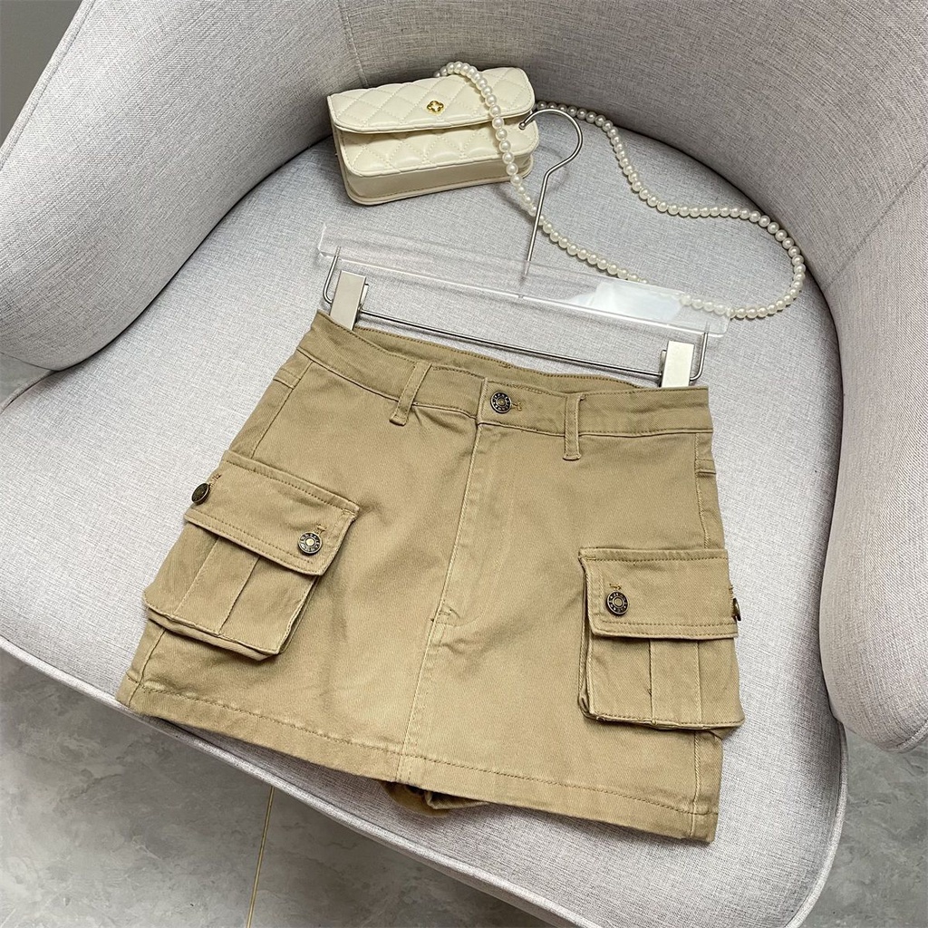 Jiashucheng Váy Kaki Ngắn Eo Cao Phong Cách Mới Mùa Hè Cho Nữ