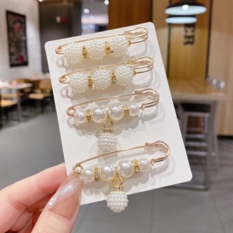 Set 6c Ghim cài quần ngọc - ghim cài áo hình hoa trắng có size được chọn mẫu ss