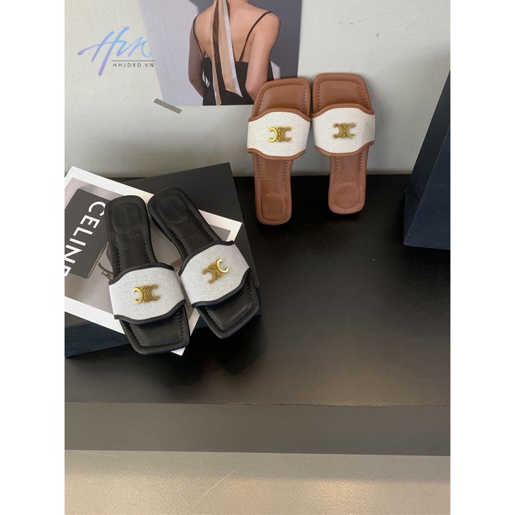 Dép Lười Gót Thấp Mũi Vuông Phối Khóa Kim Loại Thời Trang Mùa Hè 2023 Mới Cho Nữ