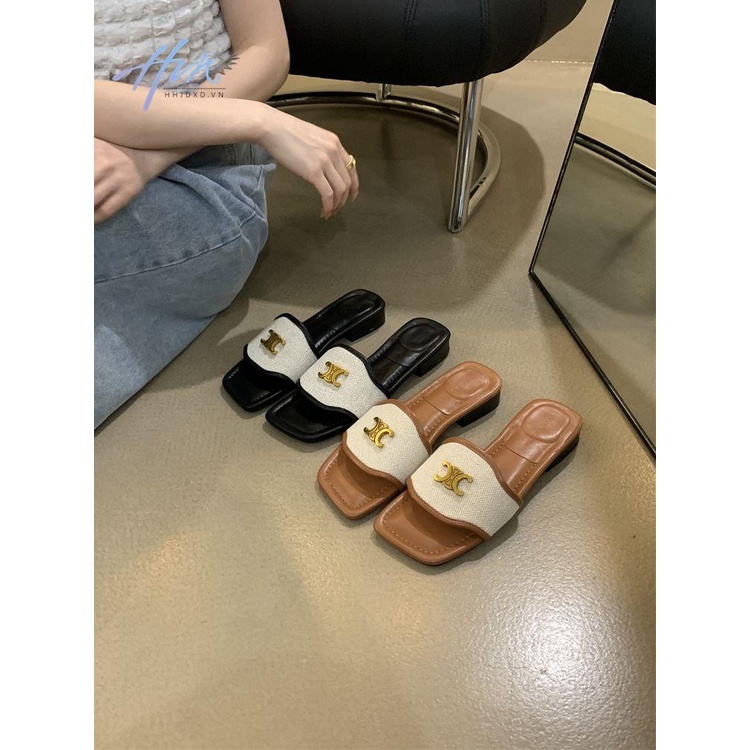 Dép Lười Gót Thấp Mũi Vuông Phối Khóa Kim Loại Thời Trang Mùa Hè 2023 Mới Cho Nữ